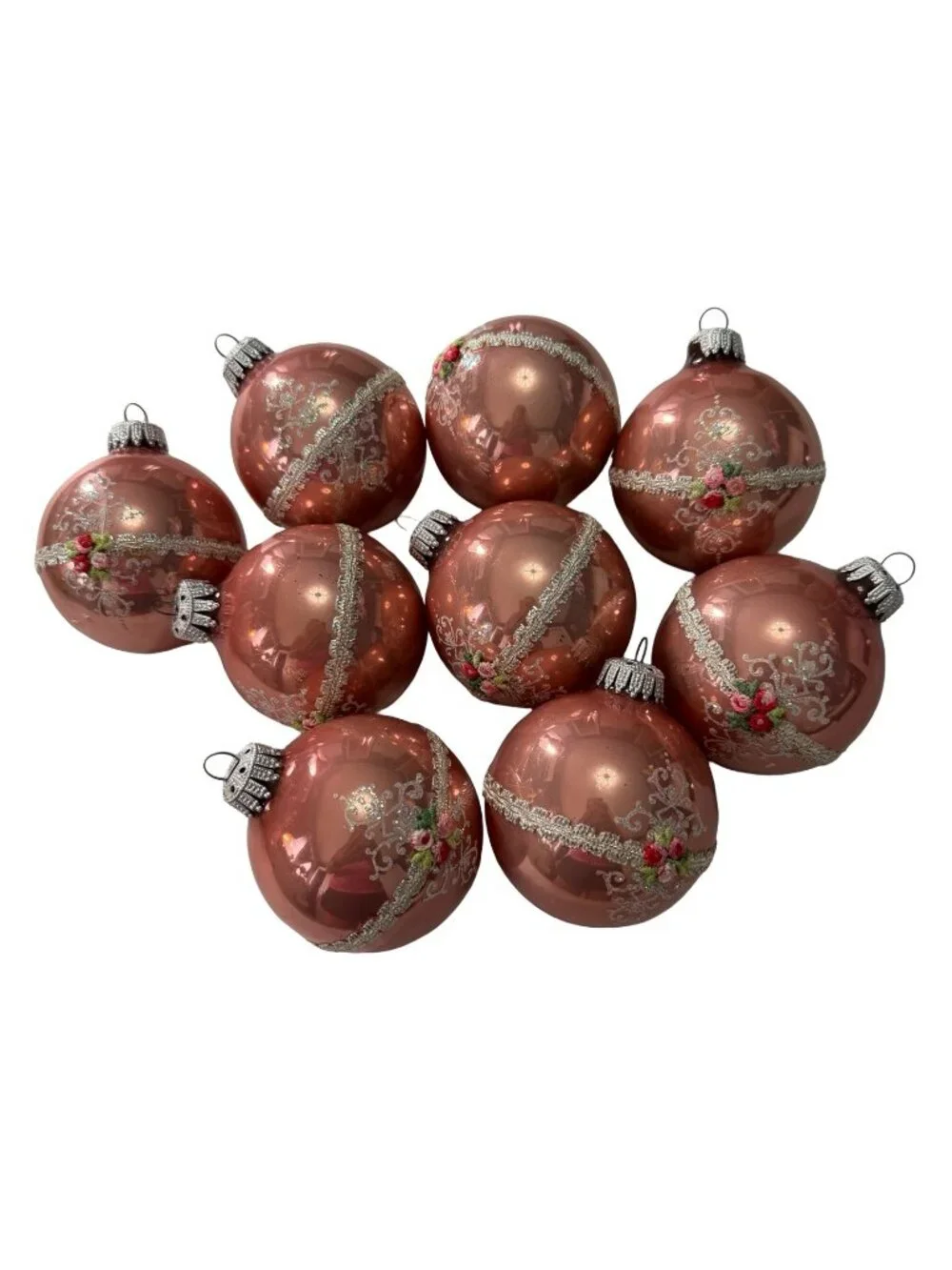 Vintage Pink Glass Christmas Ornaments Set of 9 Floral Ribbon Glitter 2.5-3